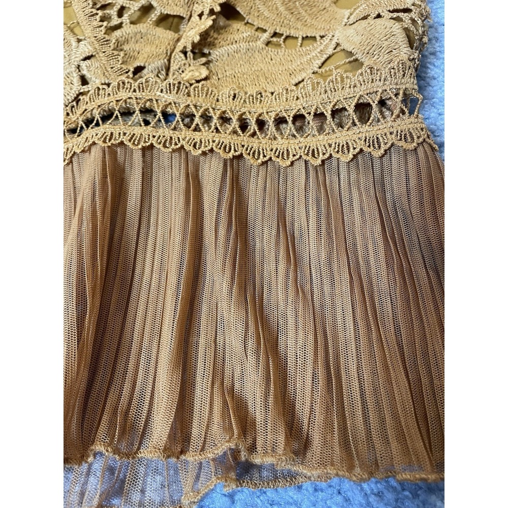 Haute Monde Floral Embroidery Peplum Blouse S Gold Lace Sheer Puff Sleeve Party - Picture 8 of 15